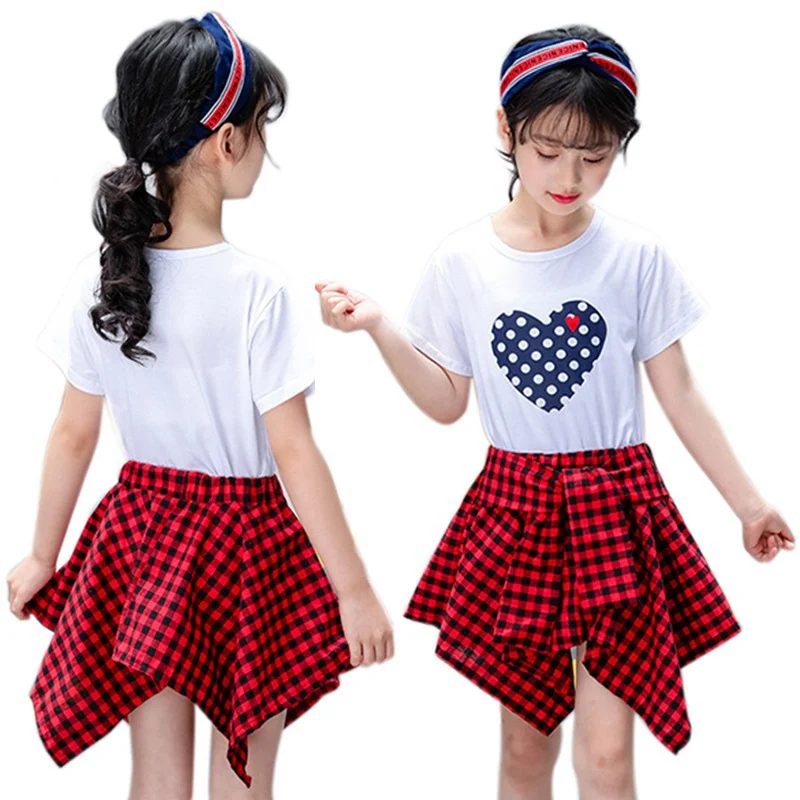 

Fashion O-neck Summer Baby Girl Short Sleeve Cotton Heart Pattern T-shirt Blouse Plaid Irregular Skirts Casual Outfits Set k