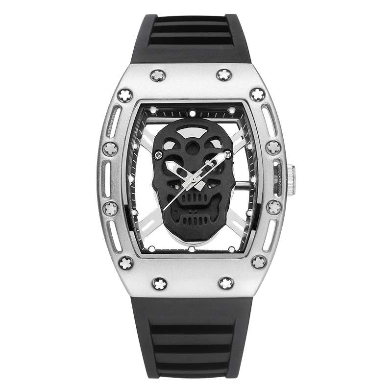 

KIMSDUN Fashion Tonneau Skeleton Watch Men Hollow Waterproof Skull Watch Male Quartz Silicone Wrist Watch Men Clock