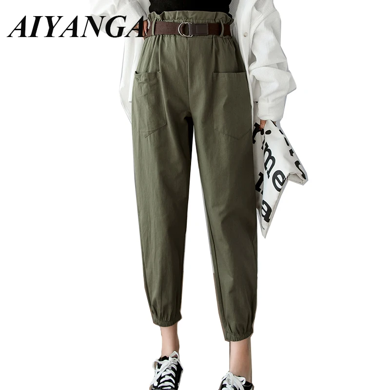 

New 2019 Ankle Length Cargo Pants Women High Waist Trousers Double Pockets Casual Pant Fashion Spring Summer Female Bottoms