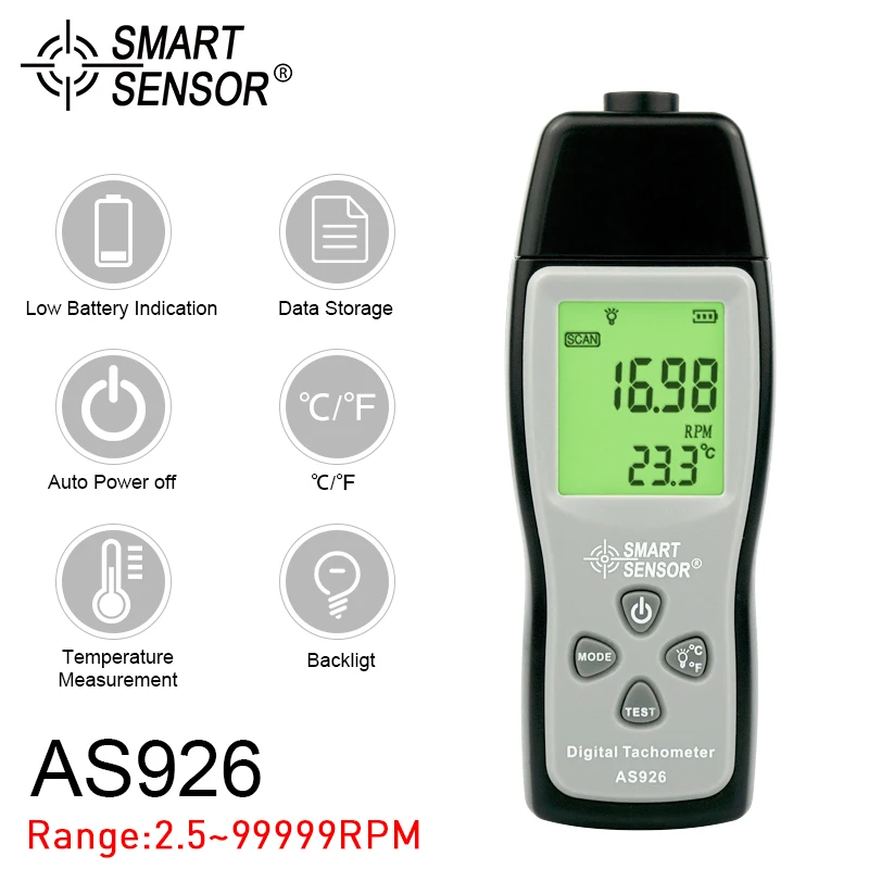 

SMART SENSOR Digital Laser Tachometer Speedometer For Car Electric Motor Range 2.5~99999 Non-Contact RPM Tester