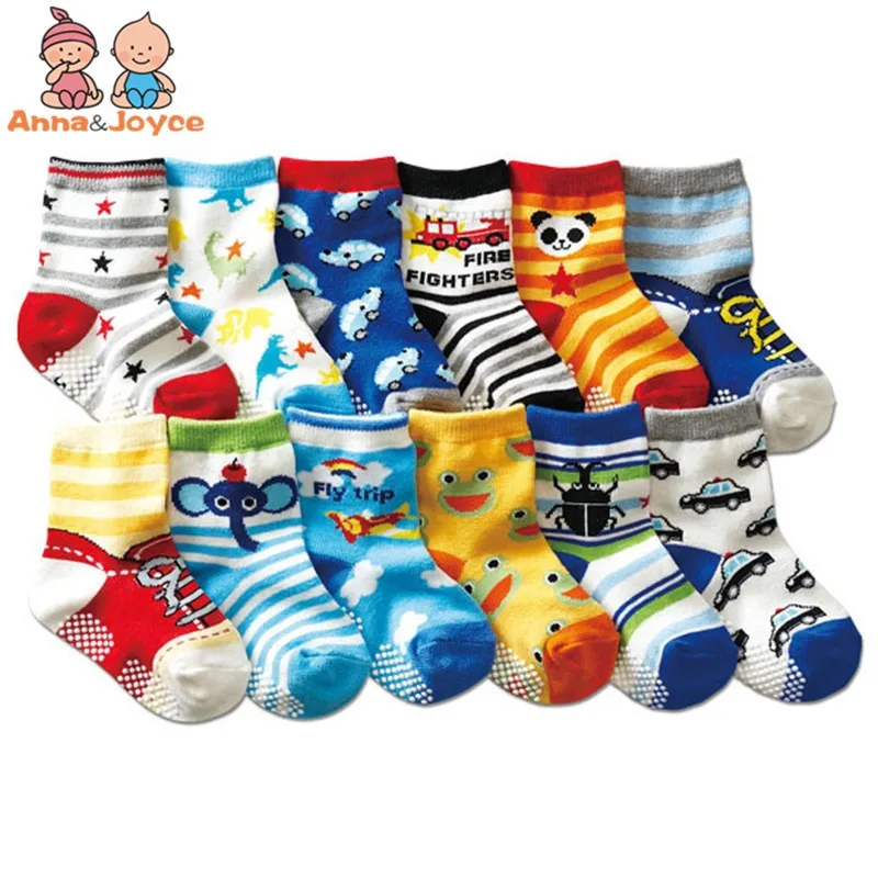 12 пар/лот, хлопковые носки для малышей нескользящие носки-тапочки с резиновой подошвой детские носки с рисунками для малышей от 1 до 3 лет, babyatws0001