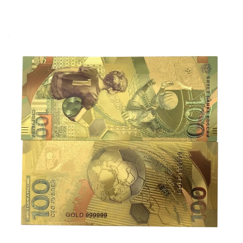 

10pcs High quality Colorful Russia World Cup Banknotes 100 Roubles Bills Banknote in 24K Gold Plated Paper Money For Hot Sales