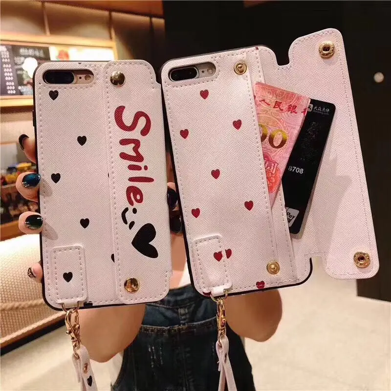 Retro Smile Wrist Strap Bracket 6S all-inclusive 7 8 Plus Soft Case for iphone X Mobile Phone Shell Girls Cute Little Love Mark |