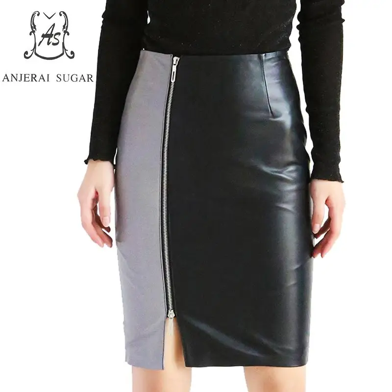 Autumn Genuine leather skirts women black sexy slim zipper Side slit
