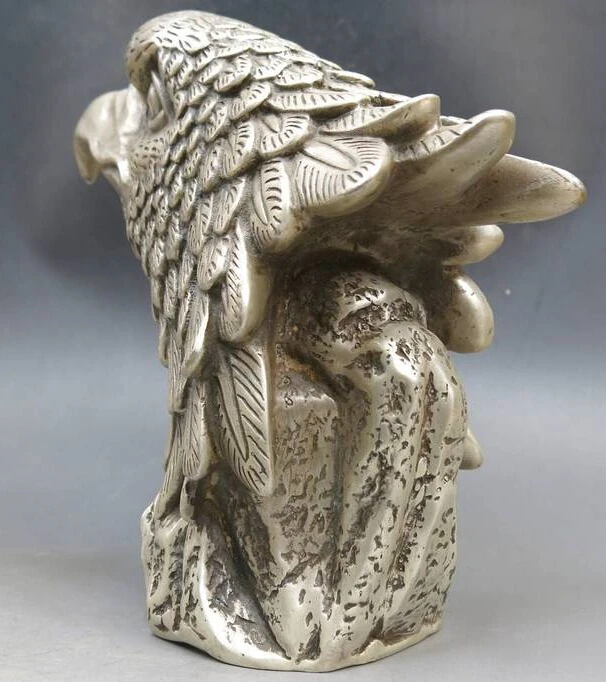 " Китай Серебро резные красивый Могучий орел голову скульптуры Изысканные Статуя