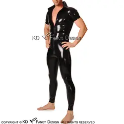 Черный сексуальный латекс комбинезон с короткими рукавами спереди молния отложной воротник латексный комбинезон зентай боди костюм LTY-0251