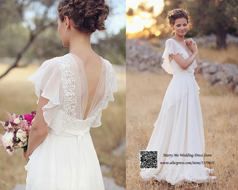 Romantic White V Neck Open Back Short Sleeve Lace Chiffon Wedding Dress