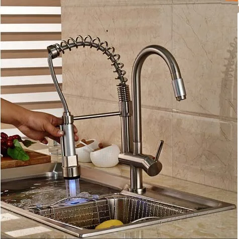 

LED Color Changing Nickel Brushed Kitchen Faucet Double Sprayer Spring Vessel Sink Mixer Tap