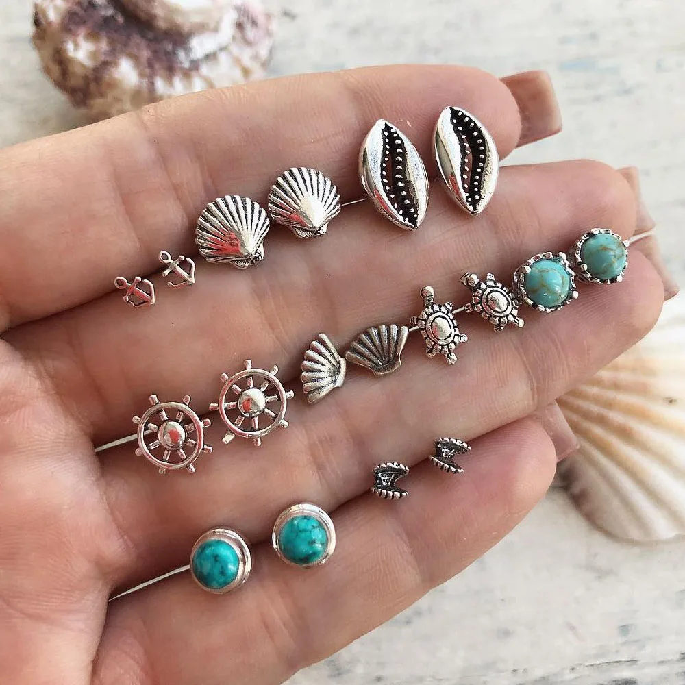 

EN 2019 Boho Shell Turtle Anchor Small Stud Earrings Set For Women Punk Mix Design Geometric Stone Animal Ear Aros Jewelry