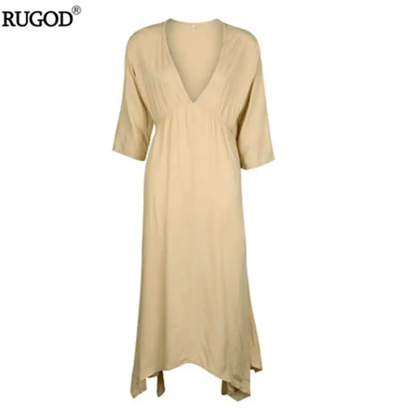 RUGOD Новое поступление элегантное желтое длинное платье макси с большим подолом женское летнее сексуальное пляжное платье с v-образным вырезом и коротким рукавом Befree Vestidos - Цвет: Хаки