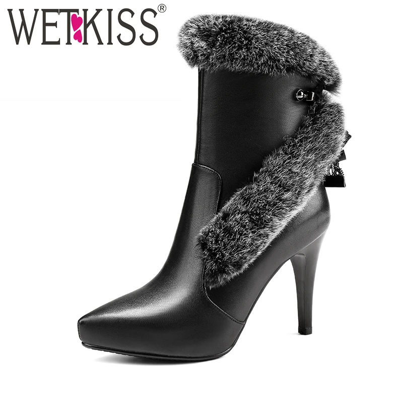 

WETKISS Charming Lace Fur Ankle Boots Sexy Pointed Toe Thin High Heels Ladies Shoes Woman Natural Leather Winter Boots Zip 2018