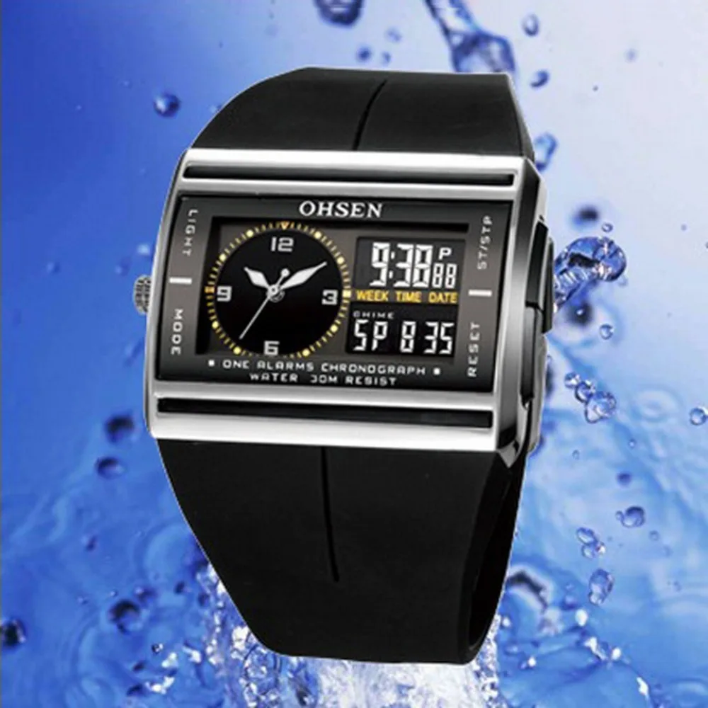 Ohsen digital relógio de pulso do esporte dos homens quartzo duplo tempo display 30 m faixa de borracha à prova dwaterproof água branco lcd masculino relógio|Relógios de quartzo| | -