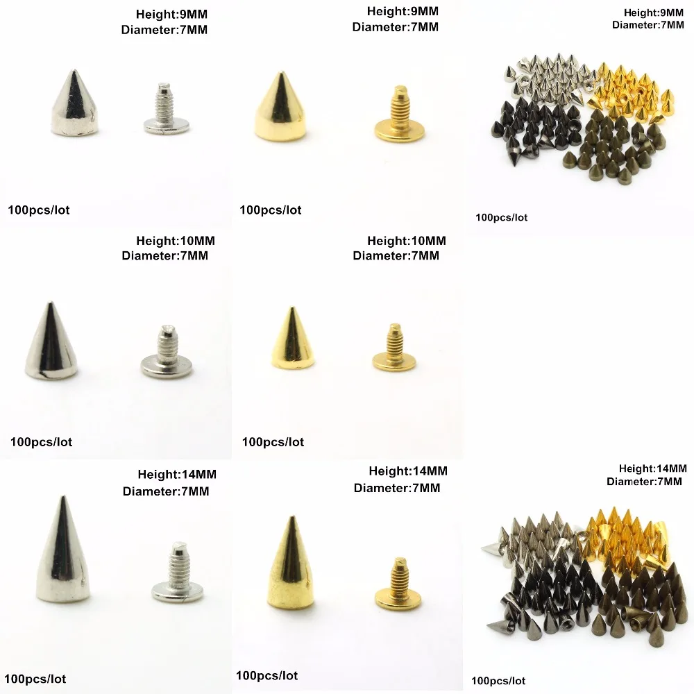 

7*9.5/10/14 mm spikes Rivets for leather bullet mix color Metal studs and spikes for Clothings 100pcs/bag silver,gold,black