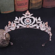 Барокко розовое золото розовый кристалл лист сердце свадебные диадемы Короны из горного хрусталя диадема вуаль диадема ободки свадебные аксессуары для волос