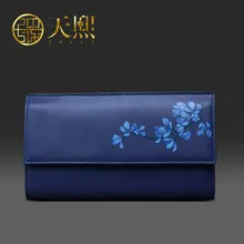 Luxury Chinese Style Women Wallets Party Purse Banquet Clutch Bags Flower print/2016 New/Blue/Cowhide split leather 420032