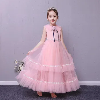 

Summer New Children Girls Elegant Pink Color Birthday Wedding Party Layered Dress Kids Model Show Host Piano Long Costume Dress