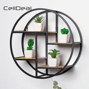 

Vintage Wall Unit Retro Wood Industrial Style Metal Shelf Rack Storage Round Shelves Wood Plates Storage Rack Shadow Box Frame