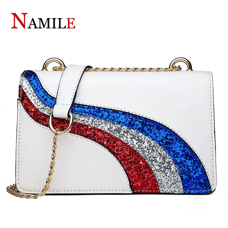 

Luxury Rainbow Pack 2019 New Sequins Square Bag High Quality PU Leather Ladies Designer Elegant Chain Shoulder Messenger Bag