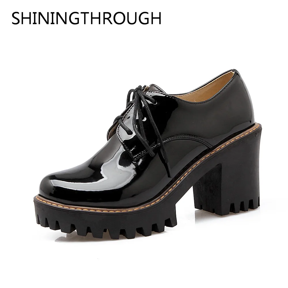 

SHININGTHROUGH 2018 Spring Autumn Fashion Lace Up Shallow Ol Pumps Woman Large Size 33-43 Low Square Heel Ol Mature Women Shoes
