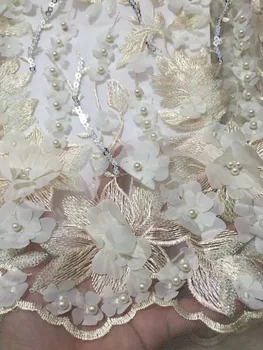 

High Quality Nigerian Lace Fabric 2017 African French Net Lace Fabric Tulle Mesh Fabric White Sequins wedding party dress 5 yard