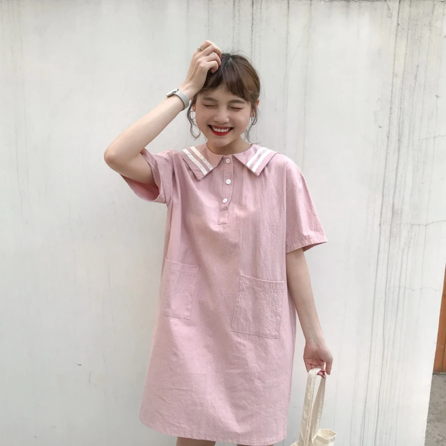 

harajuku white 2019 summer dress women korean fashion cute sweet navy wind stitching button pocket trend pink dresses women