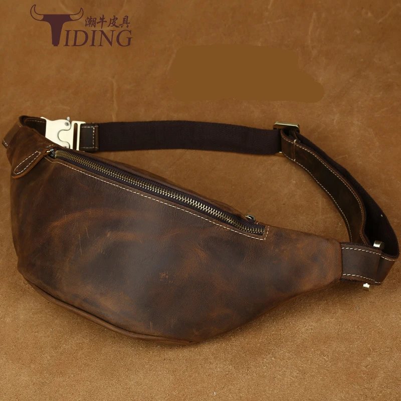 TIDING Luxury Retro Genuine Crazy Horse Leather Men Waist Bag Travel Vintage Cowhide Leather Chest Bag 2017 New