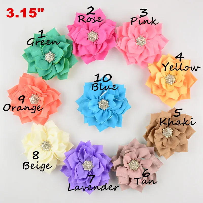 

Hot Artificial Lotus Leaf Flowers With Snow Rhinestone Button For Hair Accessories Fabric Flowers For DIY Infant Headbands