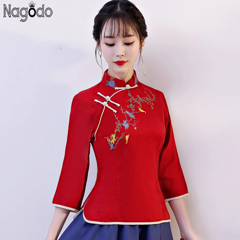 

Nagodo Cheongsam Shirt 2018 new Ethnic Clothing Women Chinese Style Linen Top Mandarin Collar Sleeve Loose cheongsam tops Hanfu