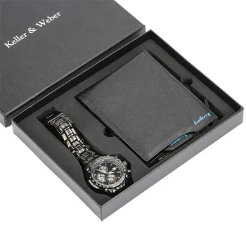 

Business Mens Wristwatch Steel Band PU Leather Wallet Gift Set for Male reloj masculino Black Quartz Wristwatch Gift Boyfriend
