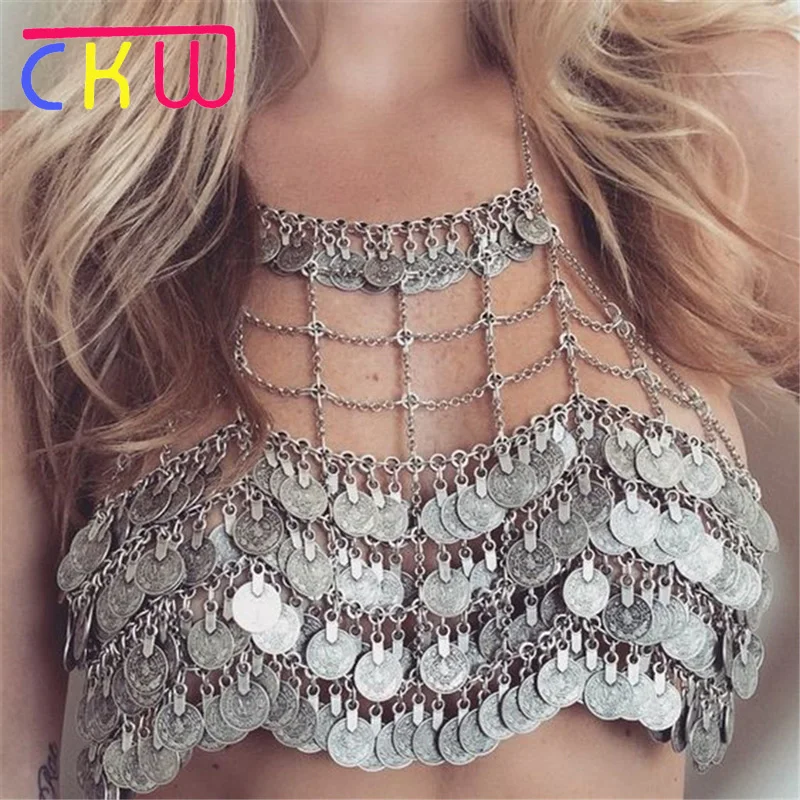 CKW Explosive Accessories Exaggerated Chest Chain Necklace Women Personas Heavy Metal Multi Tier Coins Tassel Body | Украшения и
