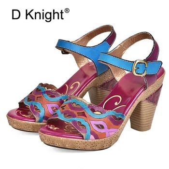 

Pattern Genuine Leather Ankle Strap Soft Sandals Retro Bohemian Lady Wedding Shoes Vintage Hand Painted Women High Heels Sandals