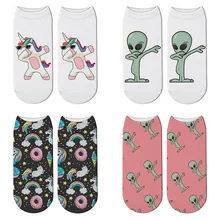 Новинка, забавные носки с 3D принтом единорога, женские хлопковые носки с инопланетянином единорогом, Харадзюку каваи, Короткие короткие носки