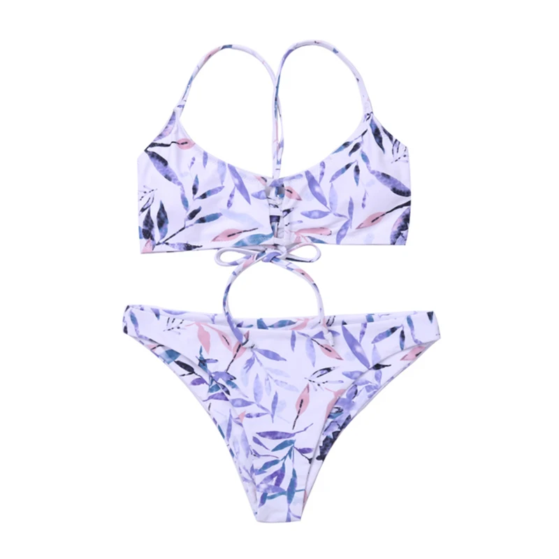 

Bandage Solid Two Piece Push up Bra Bikini Set High Cut Swimwear Women Halter Swimsuit Leaf Print Brazillian Biquini Monokini