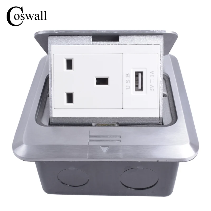

Coswall All Aluminum Silver Panel Pop Up Floor Socket UK Standard Power Outlet With USB Charging Port