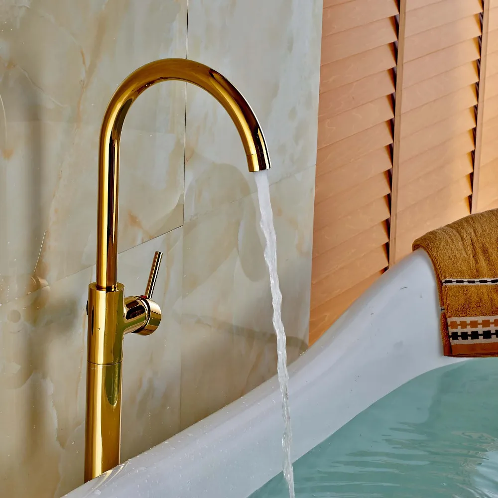 Free-Standing-Waterfall-Golden-Tub-Faucet-Single-Handle-Hot-Cold-Mixer-Tap-New
