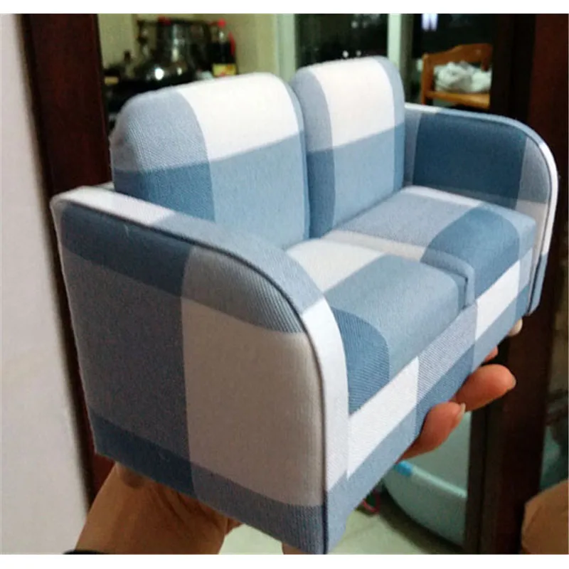 Миниатюрный двойной синий мягкий диван для куклы 30 см 1:6 kawaii кукольный домик