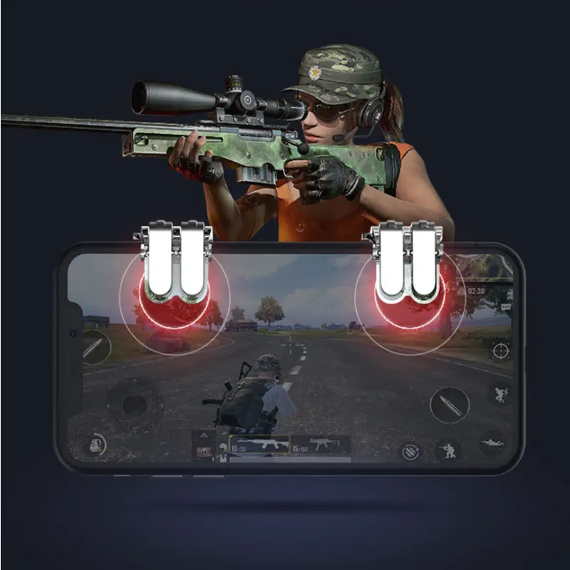 

Double Press Universal Smart Phone Mobile Gaming Trigger Shooter for Knives out/ Rules of Survival/ PUBG Mobile Game Fire Button