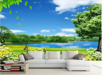 

3d wallpaper custom mural non-woven wall sticker Grass flower lake trees natural beauty painting photo 3d wall mural wallpaper