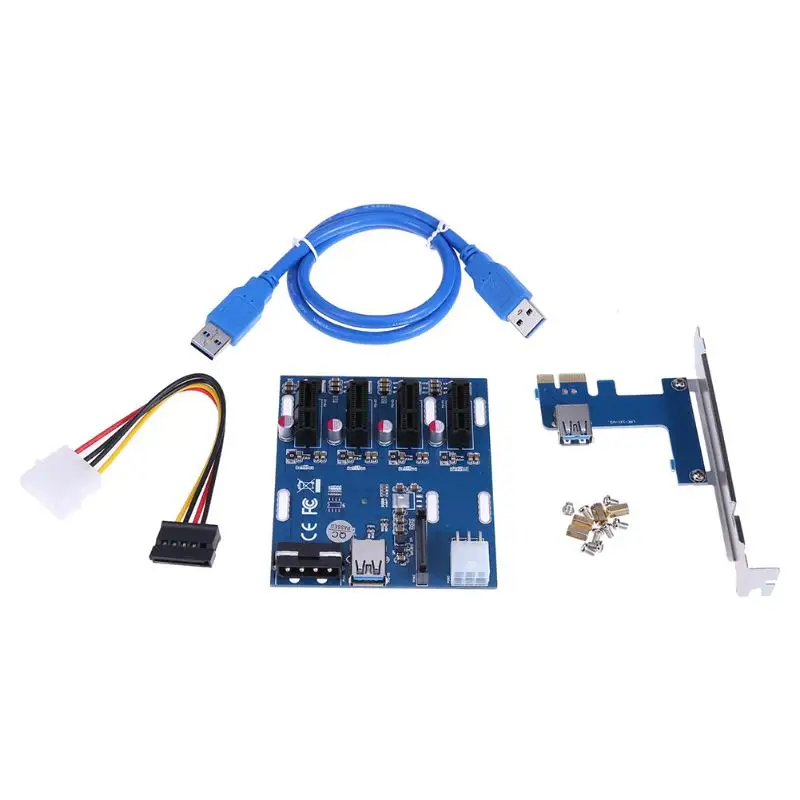 Материнская плата ПК PCI-E до 4 PCI-E 1x слот адаптер расширитель Riser Card+ 4pin molex 6pin питание/SATA порт для BTC Майнинг добавить на карту
