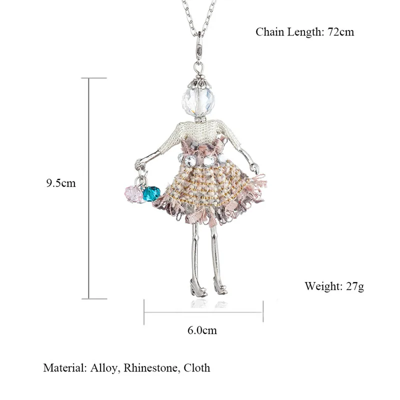 Шикарная кукла, ожерелье с подвеской, женские блестящие, со стразами, серебряная металлическая длинная цепочка, украшенная бисером, сумочка для девушек, модное ювелирное изделие, колье для женщин