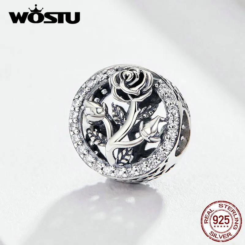 

WOSTU Claasic Flower Rose Beads 925 Sterling Silver CZ Stone Charm Fit Original DIY Bracelet Pendant Silver 925 Jewelry FIC1189