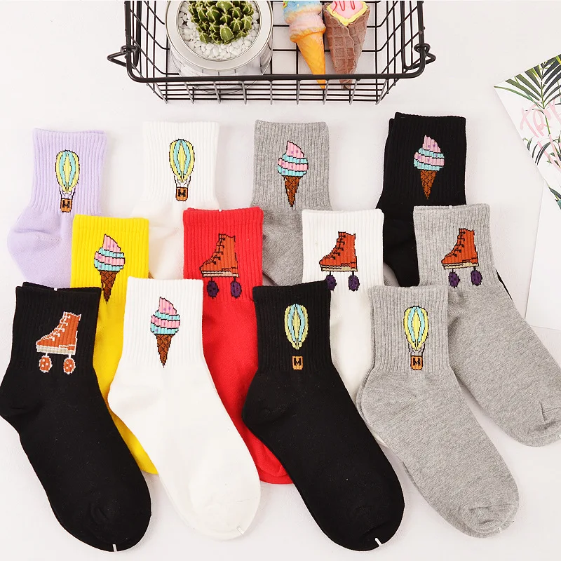 

Style Hot Air Ballon Banana Tape Skates Ice Cream Cactus Crew Socks Harajuku Cartoon Cotton Sock for Women EUR 35-40