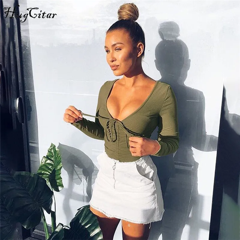 Hugcitar طويل كم العميق الخامس الرقبة الدانتيل يصل مثير bodycon ارتداءها 2018 الخريف الشتاء المرأة الأزياء الجسم