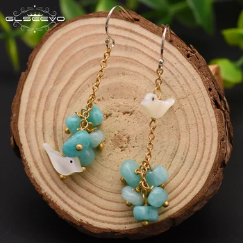 

XlentAg Natural Amazonite Shell Bird Long Tassel Drop Earring For Women Dangle Earrings 925 Sterling Silver Fine Jewelry GE0411