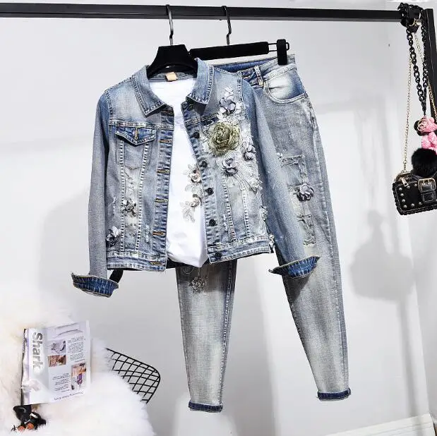 

Denim suit female European station 2019 autumn new fashion tide short embroidered denim jacket elastic two-piece
