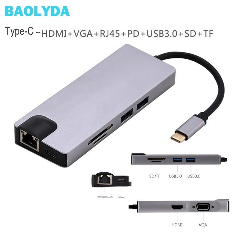 

Baolyda 8in1 HDMI Type C HUB PD Charge 1Gbps Ethernet HDMI Converter VGA Port,SD Card Reader USB C To HDMI USB3.0 For MacBook