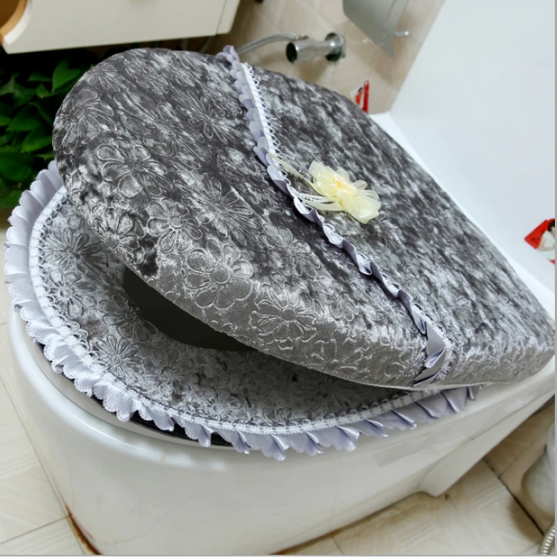 Luxury Velvet Lace Two piece Toilet Seat Cover Set Winter Warm Zipper