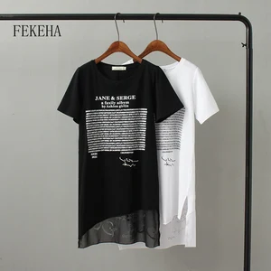 FEKEHA Summer Long T shirt Women Letter Black White T-shirt Sexy Short Sleeve Thin Women Cotton Tops Tees Female Tshirt FEKEHA Summer Long T shirt Women Letter Black White T-shirt Sexy Short Sleeve Thin Women Cotton Tops Tees Female Tshirt