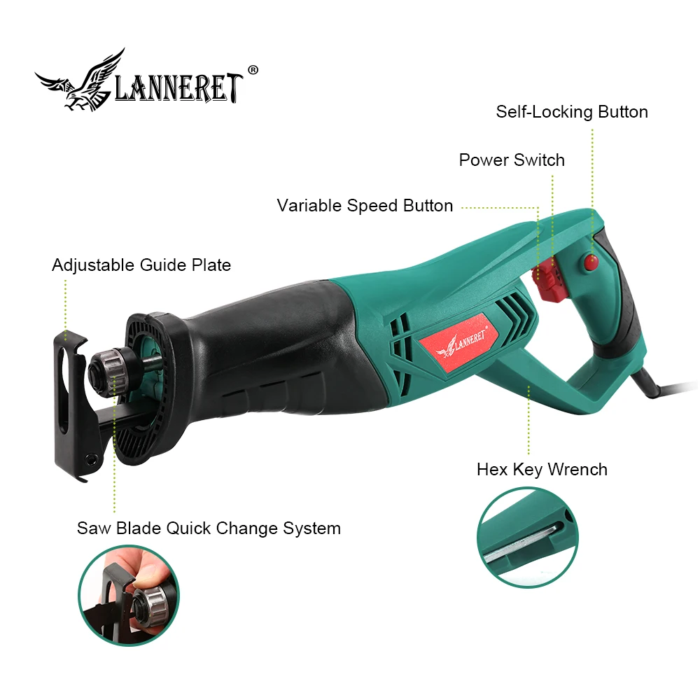 LANNERET 900W Electric Reciprocating Saw Woodworking Metal Cutting Saber Hand Saw Variable Speed Mu