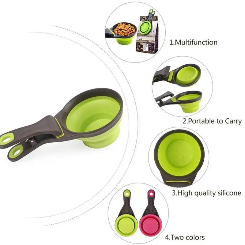 Folded Dog Cat Feeders Bowl Food Scoop Spoon Sealing Clipper Food Storage Collapsible Doggie Snack Cup Pet Cat Dog Supplies